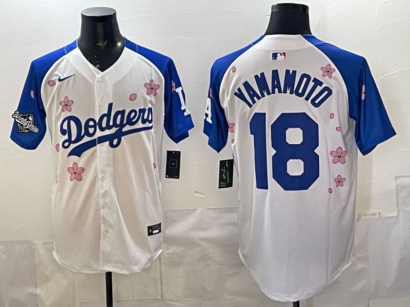 Men Nike 2026 Los Angeles Dodgers #18 Yamamoto White Blue Sakura Edition Game MLB Jersey 12083